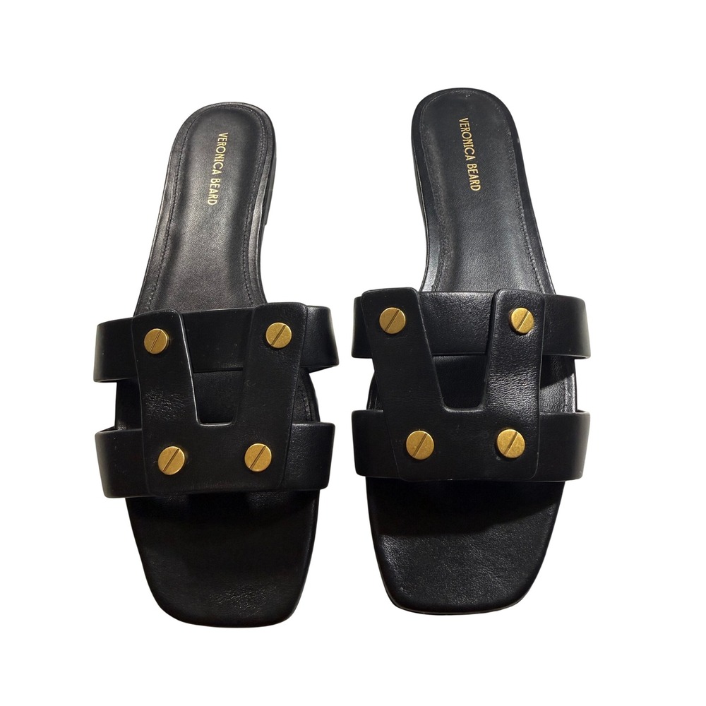 Veronica Beard Black Leather H-Strap Studded Slide Sandals Square Toe Size 9M